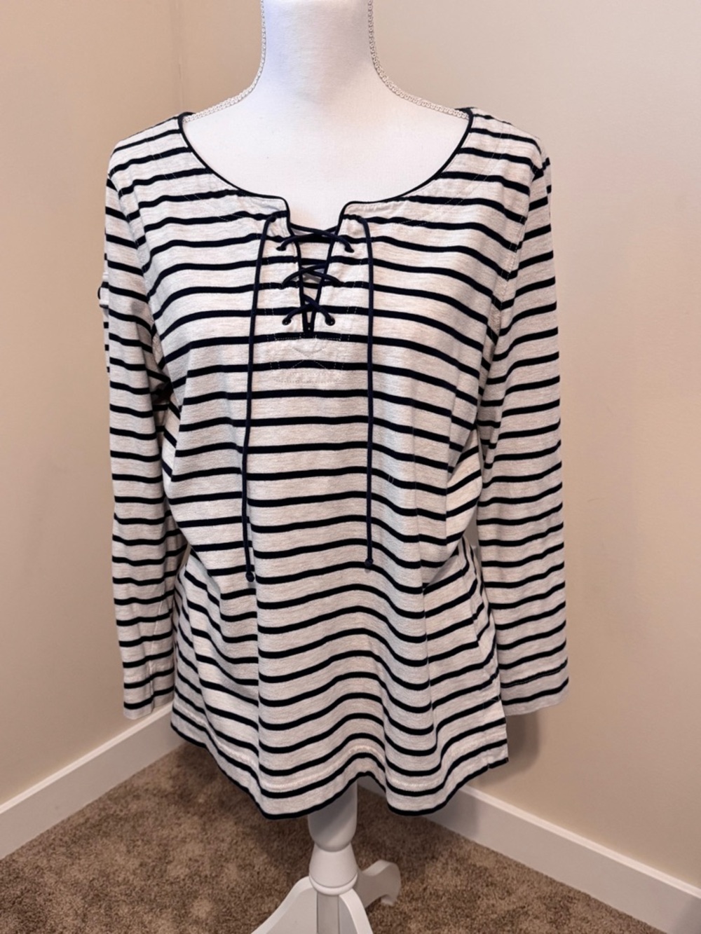 Striped Lace-Up Women’s Top - Navy & Cream